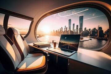 A colorful room with a table and laptop on it with a beautiful cityscape view in front of an ocean on a sunset, generative ai