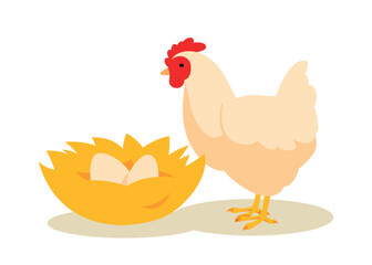 Chicken near nest concept. Animal with wings and feathers look at eggs in house from branches. Nature and wild life, fauna, biology and zoology. Cartoon flat vector illustration