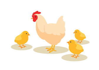 Chicken mother with chicks. Birds and winged animals with feathers. Nature and wild life, care and love. Symbol of spring and summer. Farming and agriculture. Cartoon flat vector illustration