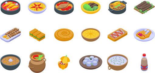 Bulgarian food icons set isometric vector. Home food. Pepper stuffed