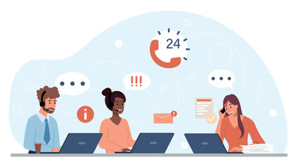 People in call center. Men and woman at laptop answer questions from users. Technical support and hotline. Workers using headphones for talking with customers. Cartoon flat vector illustration