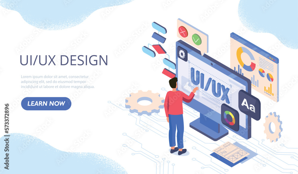 Poster ui and ux design. man developing interface for programs, software and applications, young guy near s