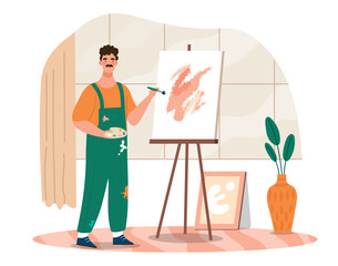 Fototapeta premium Artist paints concept. Men with brushes and paints near canvas. Art and creativity. Young guy in studio, workshop. Drawing and artwork, artist indoor with easel. Cartoon flat vector illustration