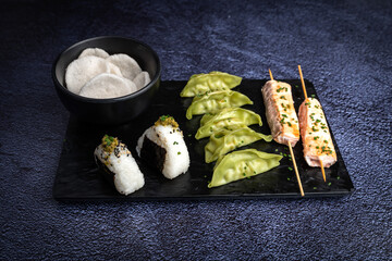 Oriental foos as sushis and chinese chips