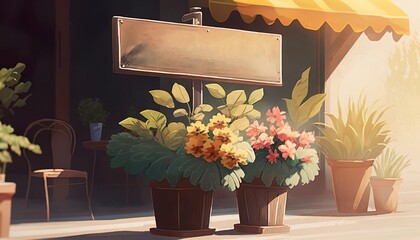 Outdoor advertising sign in a cafe setting surrounded by flowers (generative ai)