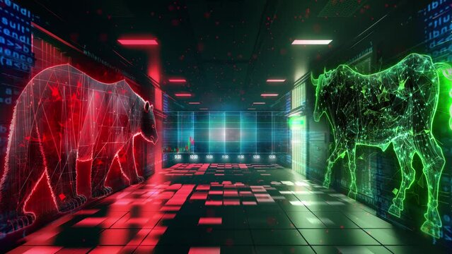 The video opens with a red and green figure of a bull and bear, symbolizing the financial market. 