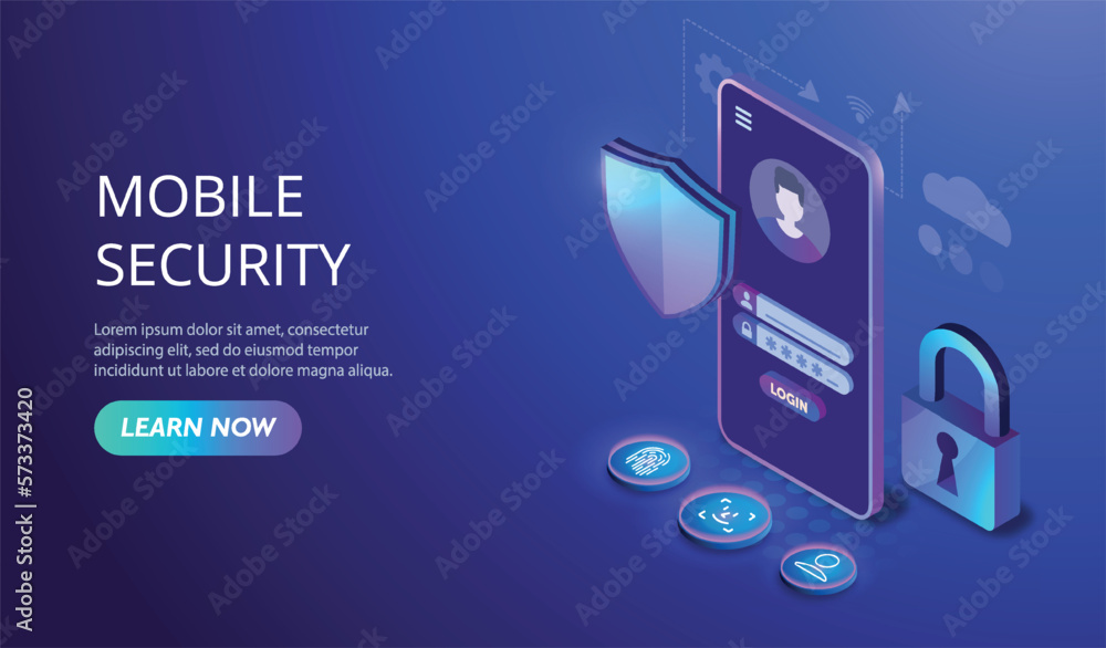 Poster mobile security concept. internet security and antivirus to prevent hacker attacks and protect perso