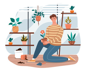 Man takes care of plants. Young guy watering flowers in garden. Elements of interior and decor. Botany and floristry, care for environment and nature, housekeeping. Cartoon flat vector illustration