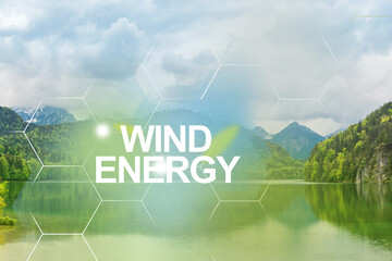 Pure water of lake in the mountains — protecting nature for future generations by wind energy....