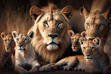 Illustration of a portrait of lions family, safari, Africa , generative ai - obrazy, fototapety, plakaty