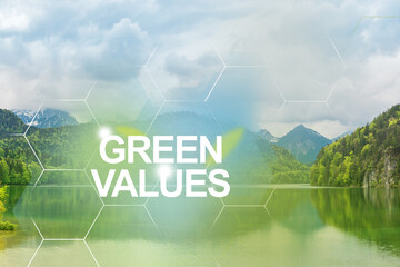 Pure water of lake in the mountains — protecting nature for future generations.Green value chain,...