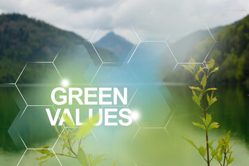 Pure water of lake in the mountains — protecting nature for future generations.Green value chain,...