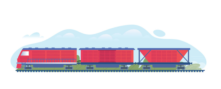 Logistic Transport Train Concept. Railway And Transport For Transportation Of Large Loads And Parcels, Delivery To Another City And Country. Poster Or Banner For Site. Cartoon Flat Vector Illustration