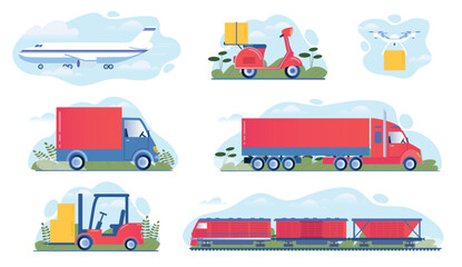 Logistic transport set. Collection of graphic elements for website. Transportation of goods by forklift, truck, train and plane. Cartoon flat vector illustrations isolated on white background