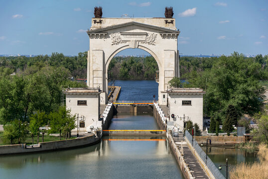 Volgo-Donskoy Shipping Canal in Volgograd, Russia, 2022, old Soviet era building