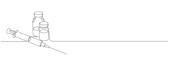 One continuous line drawing of medicine set with syringe and vial. Pharmaceutical components and vaccine symbol in simple linear style. Editable stroke. Doodle contour vector illustration © Olga Rai