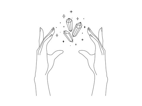Magic hands with healing crystal in trendy linear minimal style. Logo and icons design template for cosmetics or beauty products. Esoteric and mystical design elements. Doodle vector illustration