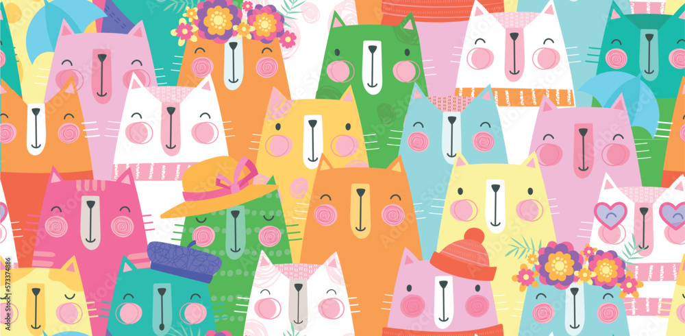 Poster cats crowd seamless pattern. repeating design element for printing on fabric. multicolored kittens, 