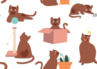 Cats seamless pattern. Repeating design element for printing on fabric. Kitten with box and scratching post. Playful character looking at butterfly and biting flower. Cartoon flat vector illustration