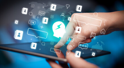 Close-up of a hand using tablet, social media concept