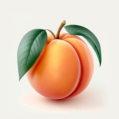 Fresh juicy peach with leaves on the top. Isolated single fruit on white background. Healthy diet concept. Food illustration.