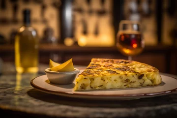 Foto op Canvas Traditional spanish omelette on wooden table in a restaurant, generative ai. © VicenSanh