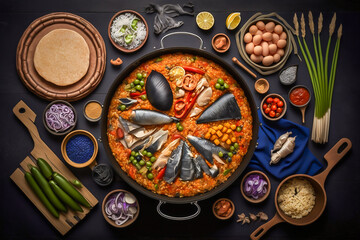 Knolling Spanish seafood paella ingredients, rice,prawns, mussels, peas on black wooden background