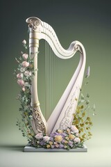 Beautiful harp overgrown with flowers Generative AI