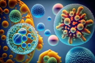 Macro Shot Illustration of Microbes and Bacteria on Abstract Background, generative ai