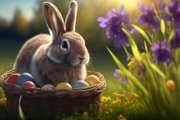 Easter bunny in a basket with Easter eggs, pretty spring flowers, generative AI digital illustration
