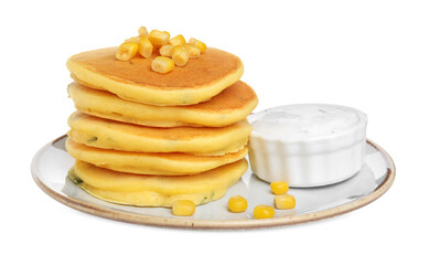 Plate with tasty corn pancakes and sauce isolated on white