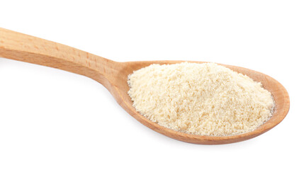 Fototapeta na wymiar Wooden spoon with quinoa flour on white background, closeup
