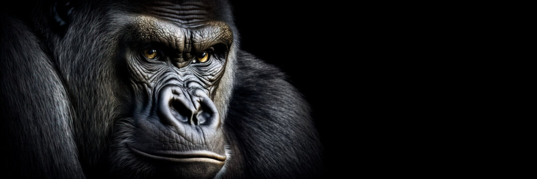 Head of a gorilla on black background.  Image created with generative ai