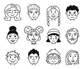 Set of different people avatars for social media. Hand drawn face portraits. Doodle sketch style. Isolated vector illustration.