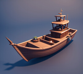 Small wooden fisherboat, 3d isometric reference model, AI generated - obrazy, fototapety, plakaty