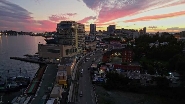 Aerial sunset views of Vladivostok city center, far east of Russia