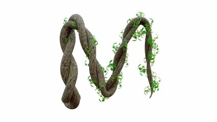 Tree grow or vine in the shape of the English text. Letter font M. Alpha Channel, cg animation, 3D Render.