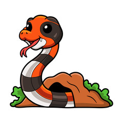 Fototapeta premium Cute cape coral snake cartoon out from hole