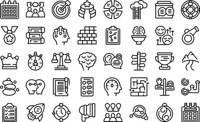 Life coach icons set outline vector. Problem solving. Life activity