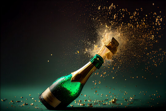 A green champagne bottle with a beautiful popping golden label. Generative AI