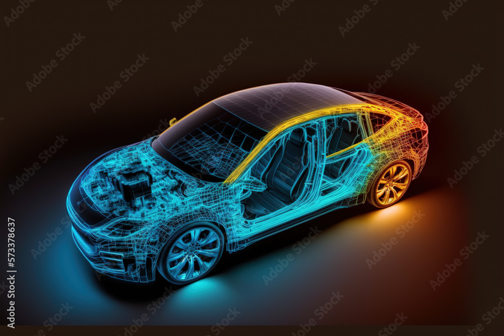 Poster virtual simulation of future electric car showing wireframe prototype model blueprint in display for