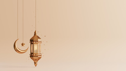 Islamic background with ramadan lantern and crescent moon 3D illustration.