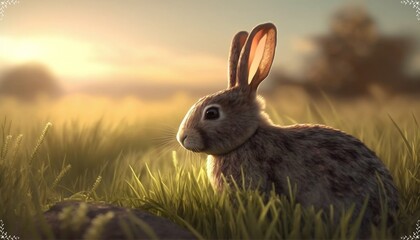 Obraz premium rabbit on a lawn at sunset created with Generative AI technology
