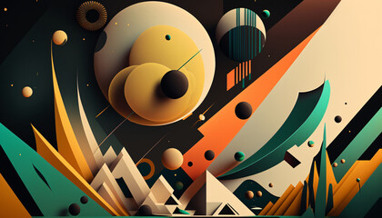 A distant, alien landscape takes shape in this abstract background. Bold, contrasting colors and geometric forms create a futuristic, sci-fi vision.