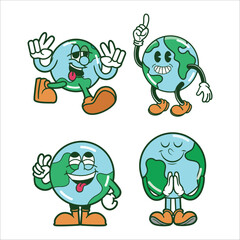 Set of Cute Retro Earth Mascot, Retro Earth Day Mascot vector Illustration