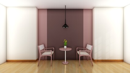 Coffee shop interior. Color wall background. 3d renders