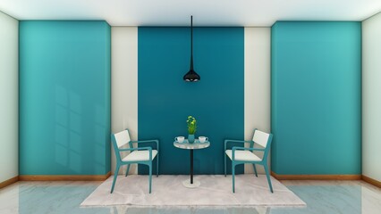 Coffee shop interior. Color wall background. 3d renders