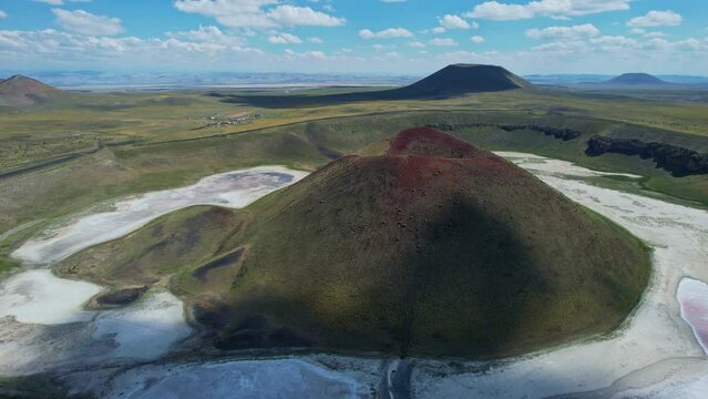 Amazing aerial view of dried Meke crater lake, a dormant volcano landscape in Turkey
