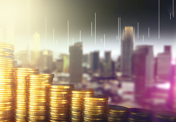 Stack of gloden coins with buildings and business graph abstract background  - 573379833