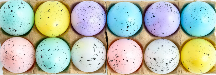 Egg carton of pastel colored, and speckled, easter eggs, holiday decoration
